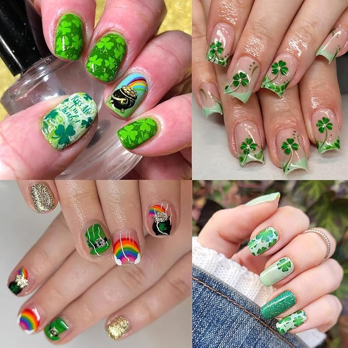 8 Sheets St Patricks Day Nail Art Stickers Set Green Shamrock Stickers for Nails 3D Self-Adhesive Design Decals Irish Personalized Lucky Clover Nail Sticker for Women DIY Manicure Decoration
