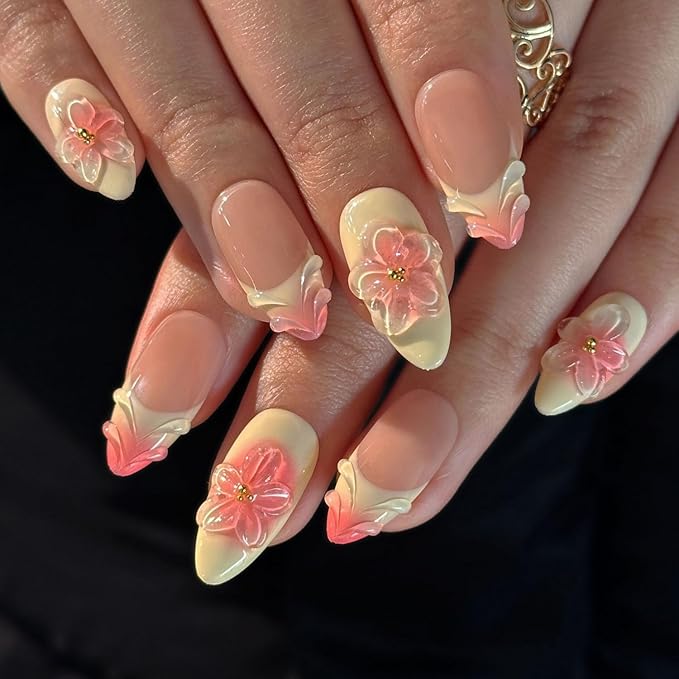 Almond Press on Nails Gradient French Tip Luxury False Nails Full Cover Handmade Press on Nails 3D Flower Water Ripple Designs Medium Thick Acrylic and Muti-Layer Gel Fake Nails for Women (Size M)