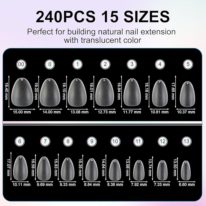 Extra Short Almond Nail Tips, 240Pcs Double-Sided Matte Full Cover Soft Acrylics Gel Fake Nails, No File Clear Press on Nails for Nail Extension, Manicure, Home DIY, Salon, 15 Sizes