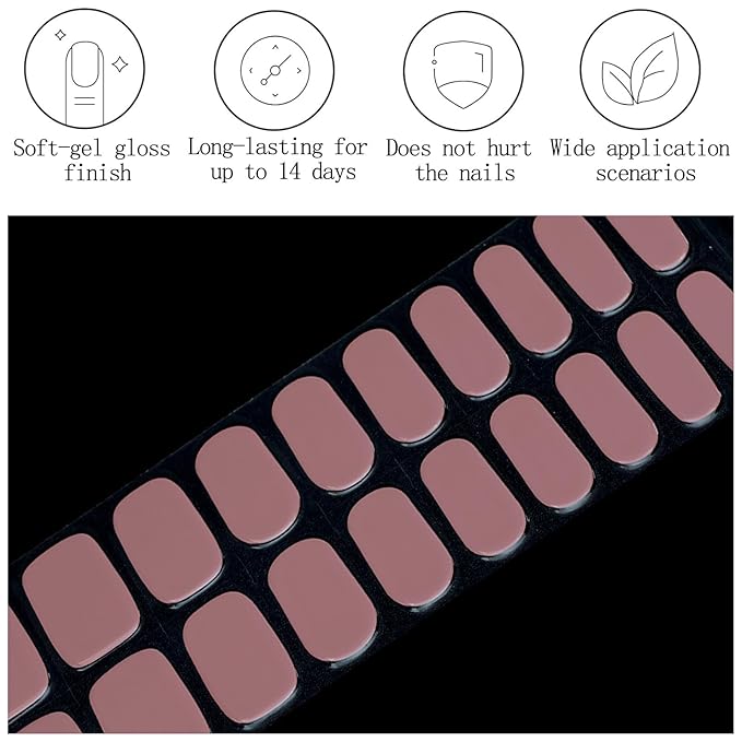 20Pcs Semi Cured Gel Nail Strips Mauve Pink Gel Nail Stickers Full Polish Nails Wraps UV/LED Light Needed Gloss Nails Polish Strips for Women Includes Prep Pads, File, Wooden Cuticle Stick