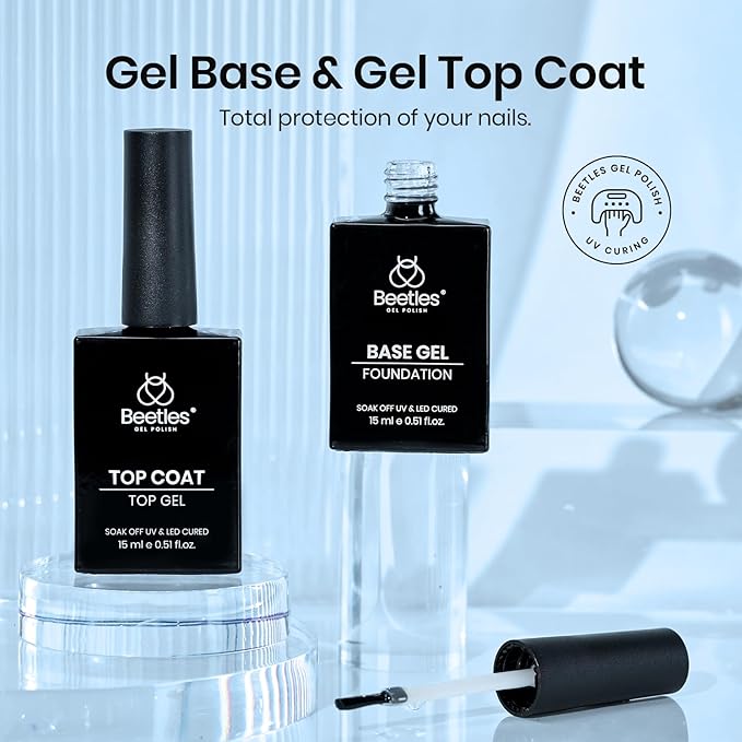 Beetles 4 Pcs 15ml Gel Top Coat and Base Coat Set with Nail Dehydrator and Primer, Professional Nail Prep Acid-Free and Hema-Free Dehydrate Bond Primer Set for Gel Nail Polish