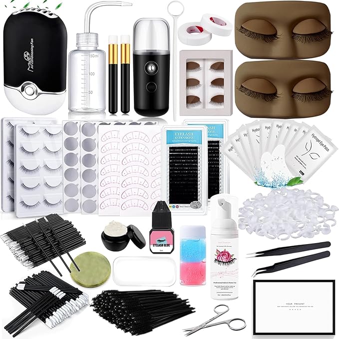 Lash Extension Kit for Beginners Lash Mannequin Head with Replaced Eyelids False Eyelashes Practice Eyelash Strips Facial Mister Tweezers Glue USB Fan Professional Set