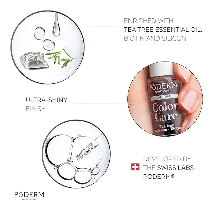 PODERM Nail Polish – Enriched with Tea Tree & Biotin – Improves Nail Appearance – Vegan Formula – For Hands & Feet – Swiss Made (Top Coat)