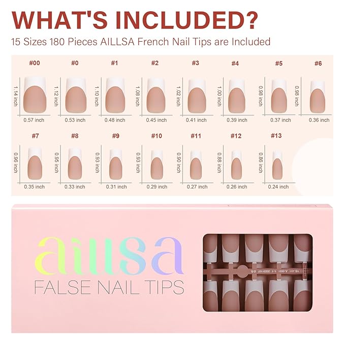 AILLSA French Gel Nail Tips,180 Pcs Long Square French Tip Press On Nails Dark Brown, Pre-Applied Primer & Base Coat, No Need File, Fake Nails Press ons with Designs DIY for Women Gift 15 Sizes