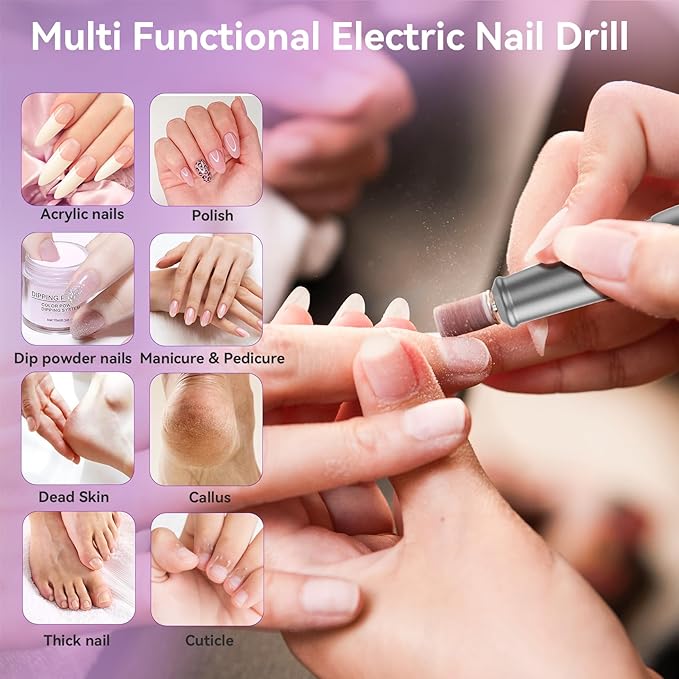 Electric Nail Drill: Professional for Acrylic Gel Powder Nails Portable Nail Drill for Manicure Pedicure Nail Efile 5 Speeds 12 in 1 with LED Display Rechargeable, Grey