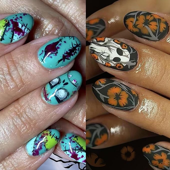 2 Packs 48Pcs Halloween Press on Nails Short Almond Fake Nails Cute Ghost Acrylic Nails with Horror Yellow Flowers Designs Oval Glue on Nails for Women Manicure Decoration