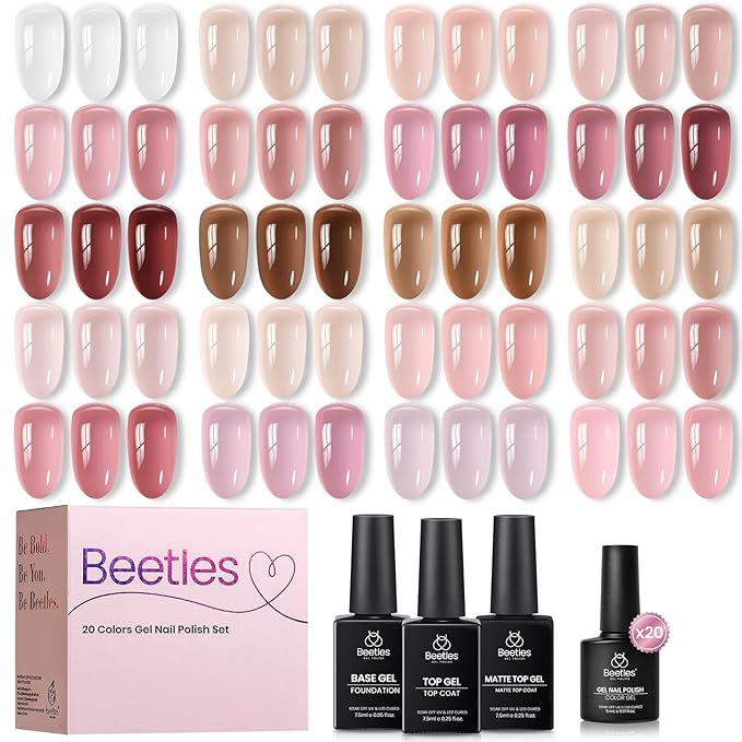 Beetles Soft Tint Jelly Gel Nail Polish Set - 23PCS 20 Colors Jelly Nude Pink Milky White Purple Brown Red Sheer Translucent Base Coat Glossy Matte Top Coat French Nail Art Gift Manicure for Women