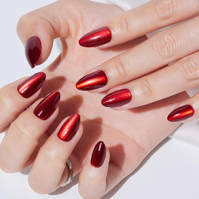Press On Nails Almond - Findigit Cat Eye Press On Nails Short for Gifts, Cherry Red Stick On Nails with Glue, Glossy Natural Fit Nail Tips in 16 Sizes - 32 Soft