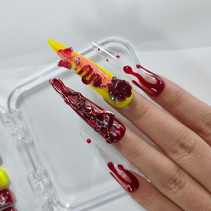 Halloween Handmade Press on Nails Extra Long Stiletto 3D Nails Horror Thick Acrylic Fake Nails Red Gothic False Nails with Blood Drop Skull Designs Sturdy Nail Art Press on Nails 10Pcs(S)