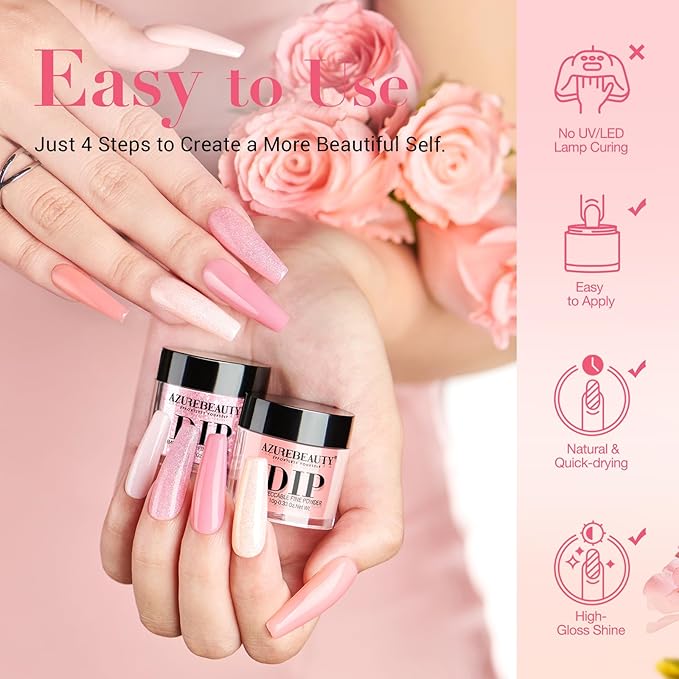 AZUREBEAUTY Pink Dip Powder Nail Set, All Season 6 Colors Nude Pink Glitter Cherry Blossom Shades Dipping Powder Nail Starter Kit French Art Manicure DIY Gifts for Women, No Need Nail Lamp Cured