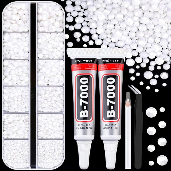 6100Pcs Resin Rhinestones for Crafting with 2Pcs 10ml B7000 Jewelry Glue, 1 Box Flatback Crystals Diamond (White) for Bedazzling Crafts DIY Nail Art Non Hotfix Gems for Clothing Shoes