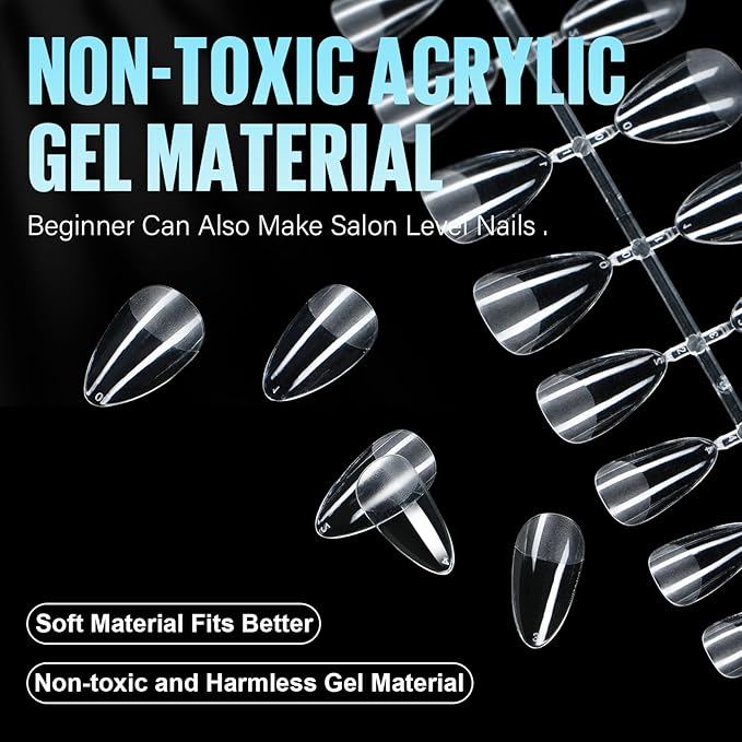 TOMICCA Medium Almond Nail Tips, 192Pcs 12 Sizes Acrylic Pre Buffed Medium Almond False Tips, Full Cover Half Matte Nails for Nail Art Extension Press on Nails