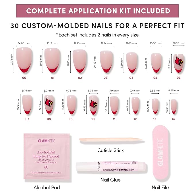 Fanatics x Glamnetic Press On Nails - University of Louisville Cardinals | Short Almond Fake Nails, Collegiate Cardinals Red French Tips, College Nails Salon-Quality | 15 Sizes - 30 Nail Kit with Glue