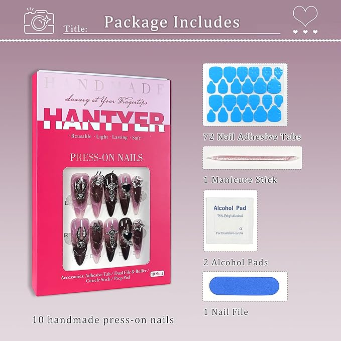 Y2K Punk Press on Nails with Tools Kit, 10pcs Long Stiletto Glossy Black & Pink Gradient Nails, Silver Studs, Black Rhinestones & 3D strips, Edgy Style for Concerts & Night Events (Size L)