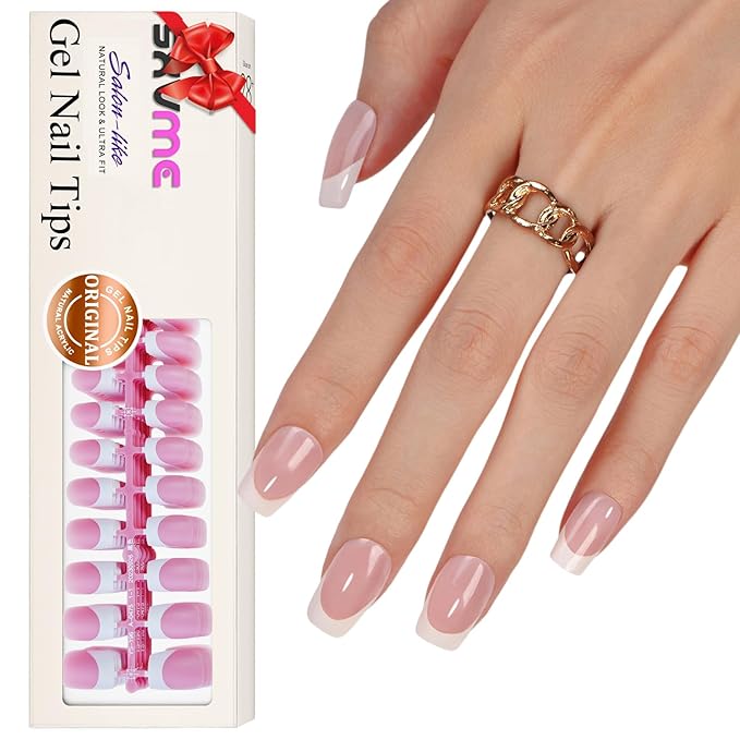 Gel French Tip Nails Medium Square Press on Nails White Tips 300Pcs Pre-applied Primer Natural Pink Fake Nails Extensions Kit for Women Girls DIY