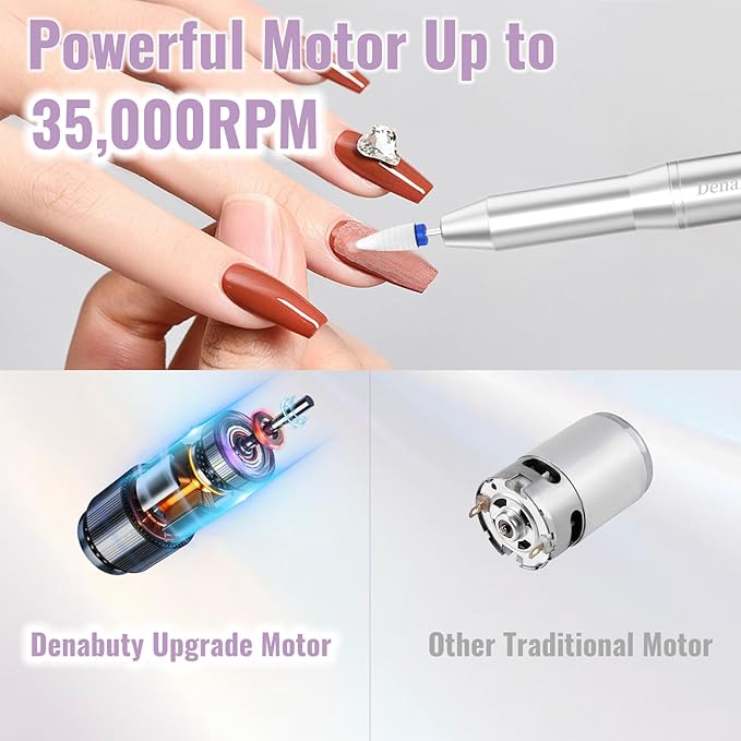 Electric Nail Drill Cordless, 35000RPM Portable Electric Nail File with LCD Display and 12 Nail Drill Bits for Acrylic & Gel Nails, Professional Manicure & Pedicure Kit Set Silver