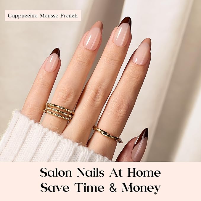 Beetles French Tip Press On Nails - Cappuccino Mousse French | 7 Colors Medium Almond Press On Nails Brown | 16 Sizes 224 Pcs Natural Salon Quality For Women