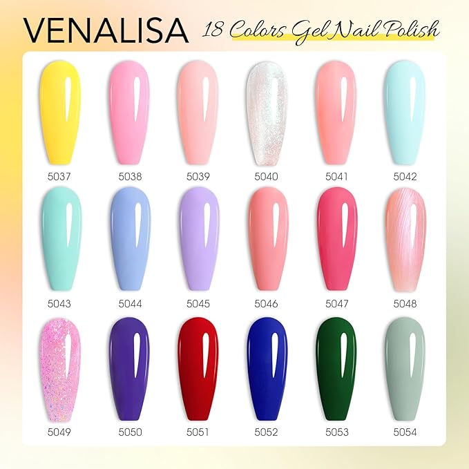 VENALISA V3 22 Pcs 10 ML Gel Nail Polish Set with Color Card, Pink Blue Red Green Purple Gel Polish Glitter Color Nail Art Starter Manicure Salon DIY at Home