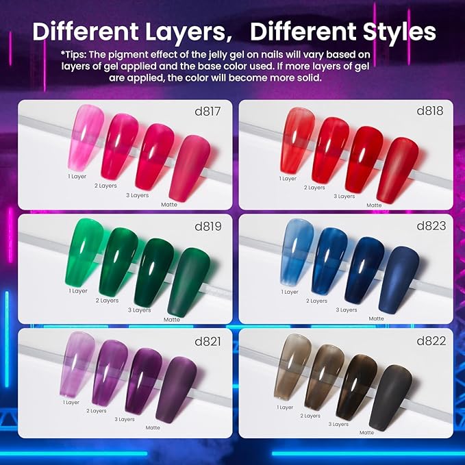 Beetles Jelly Gel Nail Polish Set - Jelly Magic Gel Polish, 6 Colors Jelly Gel Polish Kit Pink Red Black Blue Green Purple Sheer Translucent Effect Soak Off UV Manicure DIY Gift for Women