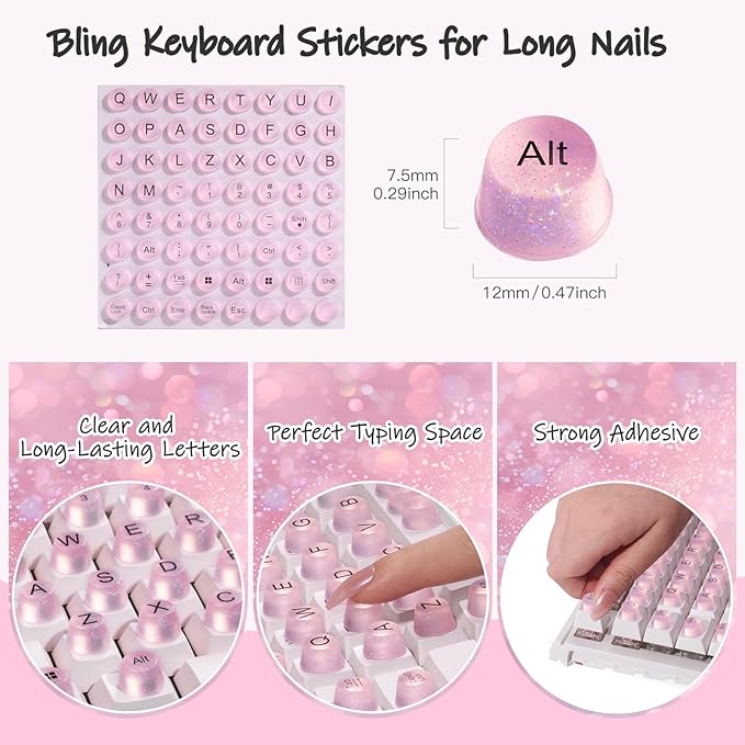 Raised Keyboard Stickers for Long Nails, Bling Keyboard Bubbles for Women with Letters, Soft Silicone Nail Art Typing Keycaps for Desktops (Pink, 64 Pcs)