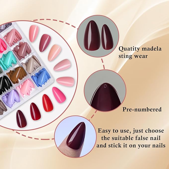 LoveOurHome 576pc Medium Press on Nails Almond Fake Nails Full Cover Acrylic Nails Press ons Nail Short Stiletto Glue on Nail Artificial Fingernail Almond Nail Tips 24 Colors for Women Girls Kids