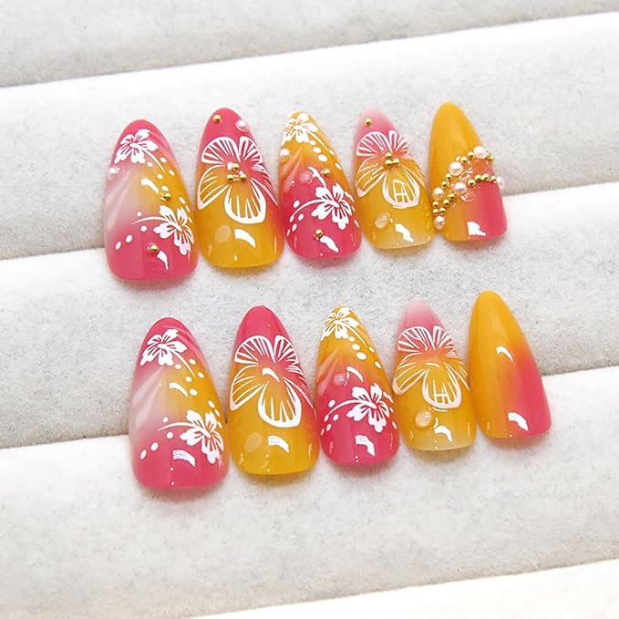 Flower Press on Nails Medium Almond Fake Nails with 3D Pearl Rhinestones Design Hibiscus Floral False Nails Glossy Pink Yellow Gradient Acrylic glue on Nails Full cover Spring stick on Nails for Women