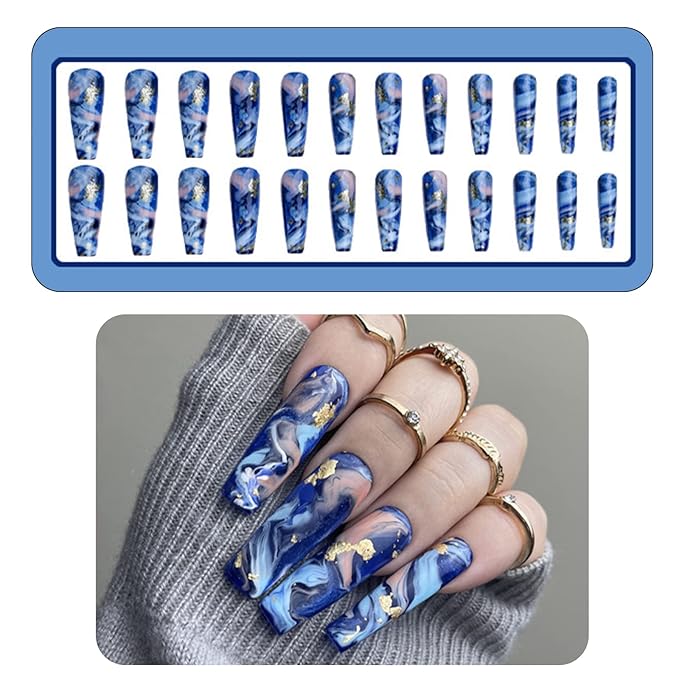 24 Pcs Long Press on Nails Coffin Fake Nails Press on Reusable Gel Stick on Nails for Women Glossy Acrylic False Nails Artificial Jelly Nails Blue Golden Smoke Lrregular Stripes