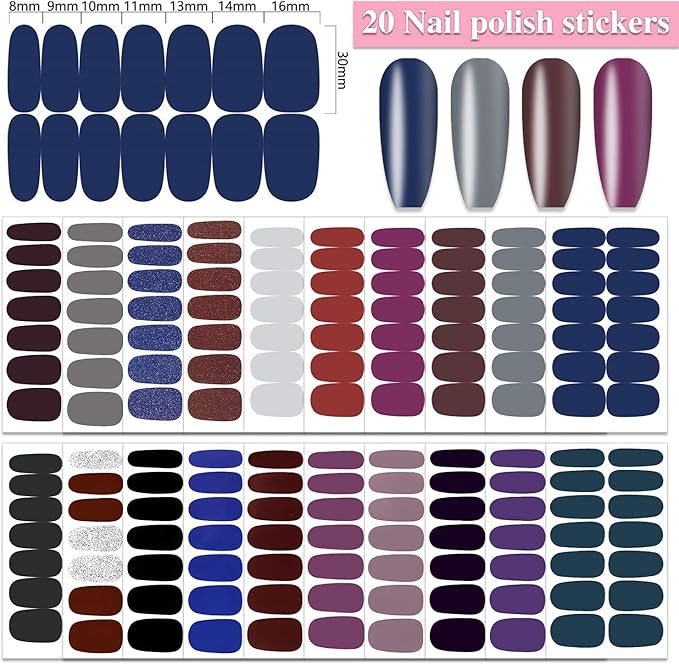 WOKOTO 20 Sheets 280 Pieces Dark Solid Nail Polish Strips For Women Solid Gel Nail Stickers Nail Polish Wraps Black Nail Stickers Full Nail Wraps Stick On Nails Polish Stickers Press On Gel Nails