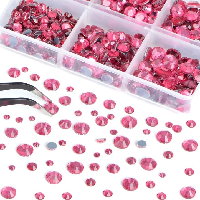 Bymitel Hotfix Crystal Rhinestones Round Gems for Crafts,Mixed 6 Sizes with Wax Pencil Kit, Rose 1.6-6.3mm SS4-SS30/8000pcs