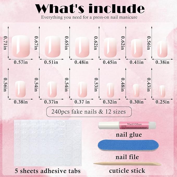 AddFavor 240pc Ombre Press on Nails Short Square Fake Nails - Glue on Nails Square Acrylic Nails Press ons Nail Tips Short Stick on Nails with Nail Glue and Adhesive Tabs for Women