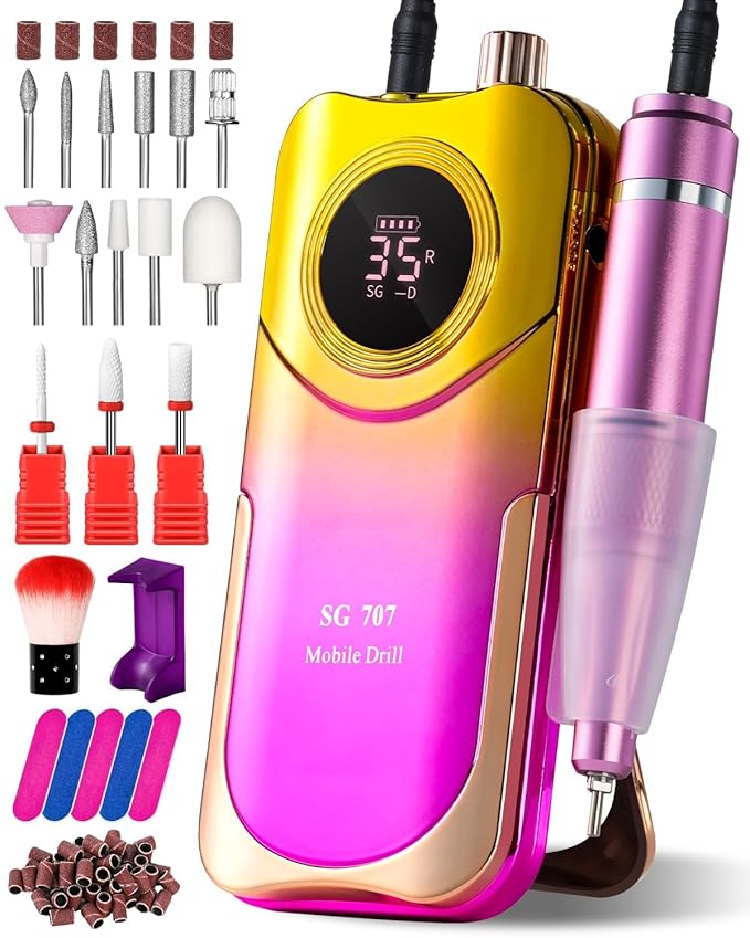 Professional Electric Nail Drill Kit 35000RPM with 14PCS Bits Purple Gold Portable Rechargeable Cordless File Machine for Acrylic Gel Powder Nails and Manicure Pedicure Toenail Tool Salon Set