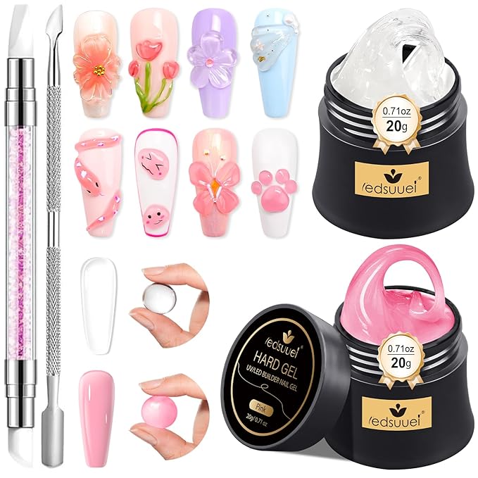 Solid Builder Gel for Nails LEDSUUEI - 2 Color Clear Pink 3D Nail Gel Sculpting Non-Sticky Hand Carving Glue Extension for Manicure Salon Home Decoration DIY 20g