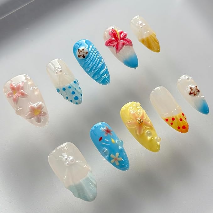 Luxury Press on Nails Medium Almond Handmade 3D Unique Reusable ABS Material Fake Nails French Tip False Nails with Designs Flower Pearls Water Drop Summer Glossy Glue on Nail Thick Acrylic Nail(S)