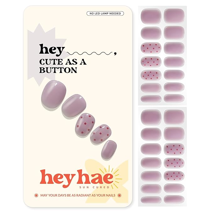 Heyhae Semi Cured Gel Nail Strips | No LED Lamp Needed | Summer, Solid, Purple | Easy Apply & Remove, Salon Quality | Includes 28 Strips, 1 Prep Pads, Nail File & Wooden stick - Hey, Cute as a Button
