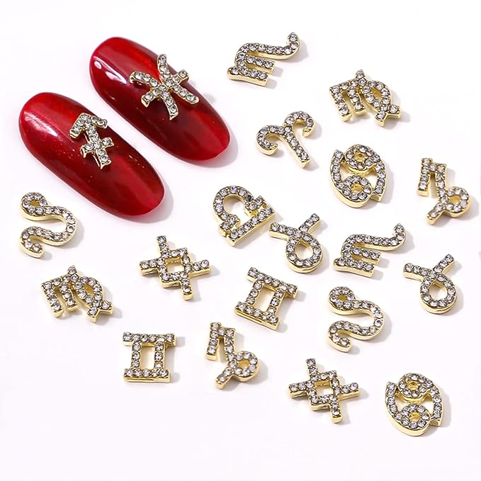 24 Pieces Gold and Silver Alloy Zodiac Nail Charms Zodiac Signs Nail Studs Twelve Constellation Nail Charms Inlaid Clear Rhinestone for Women Girls Nail Art Decoration
