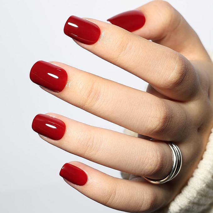 Burgundy Press On Nails - Red Short Square Fake Nails, Square Red Press On Nails Reusable Stick On Nails in 15 Sizes, 30pcs False Nail Kit for Women & Girls (Burgundy)