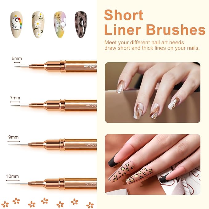 Nail Art Brushes, Double Ended 5PCS Rose Gold Striping Brush Nail Art Liner Brushes Nail Design Brushes for Long Lines, Tiny Details, Nail Brushes for Nail Art, Sizes 5/7/9/10/11/15/20/22/25/30