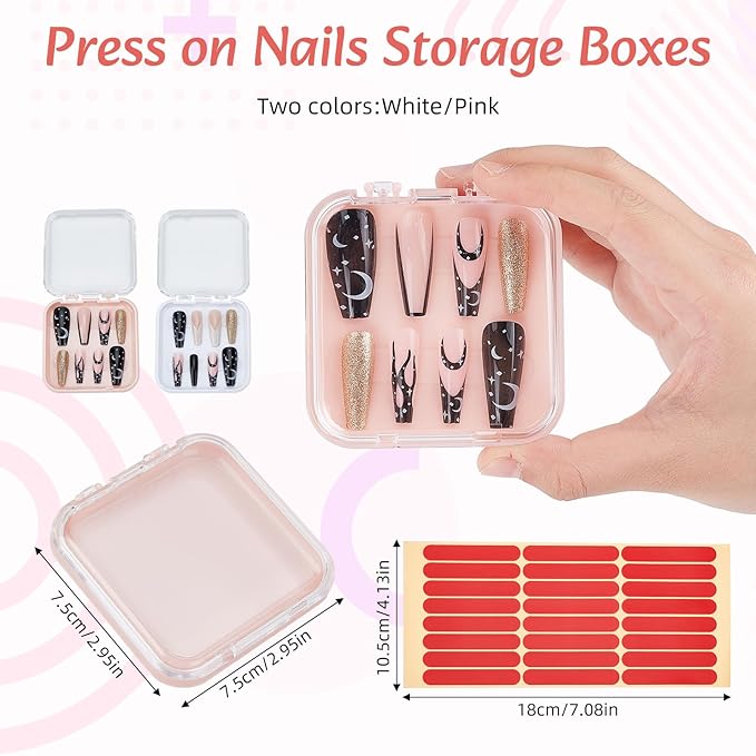 NICENEEDED 4 Pcs Plastic Press on Nail Storage Box, Fake Nails Packing Cases, Transparent Nail Organizer Display Boxes with Adhesive Double Sided Tape for Home DIY Nail Salon