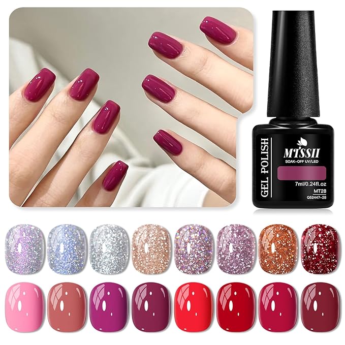 MTSSII Silver Light Purple Pink Blue Orange Red Glitter Gel Nail Polish Pink Purple and Red Series Gel Nail Polish Gel Set Gel Reflection Glitter Polish Kit for DIY Nail Art Women Gifts