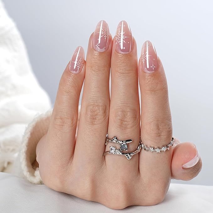 Pink Press On Nails Short Almond with Chrome Accent Design, Glossy Reusable Press On Nails for Women, 32 Count 16 Sizes Nail Kit with Glue (SV-15)