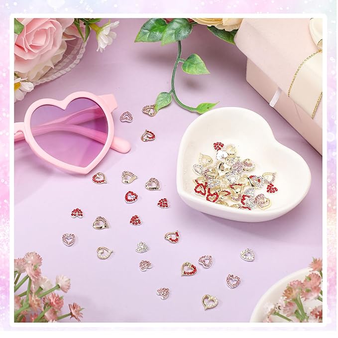 60 Pcs Valentine Heart Nail Charms for Nail Art Bulk 3D Bling Heart Rhinestone Decals Alloy Crystal Charms Diamonds Decor Love Gem Decals for Women Valentine's Day DIY Jewelry Accessories