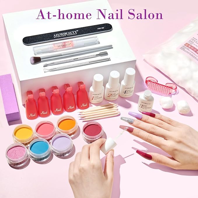 AZUREBEAUTY 170Pcs Dip Powder Nail Kit Starter 36 Colors Pink Red Purple Christmas Dipping Powder with Base/top Coat Activator Dip Liquid Set + Nail Removal Accessories Set for Gift