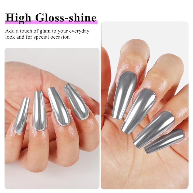 Imtiti Silver Chrome Nail Powder Kit,1g Silver Meatllic Mirror Effect Powder with 10ml White Color Gel Polish Metal Nail UV DIY Kit