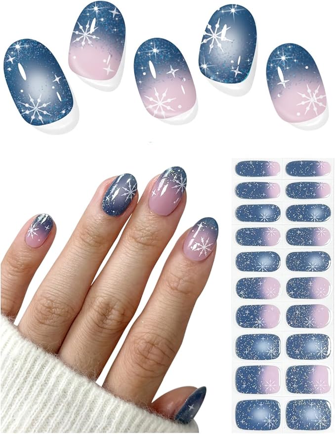 Semi Cured Gel Nail Strips (Blue Glitter), Christmas Snowflake, 20 Pcs Gel Nail Wraps, Stickers, Salon Quality, Long Lasting, Works with Any UV Lamps