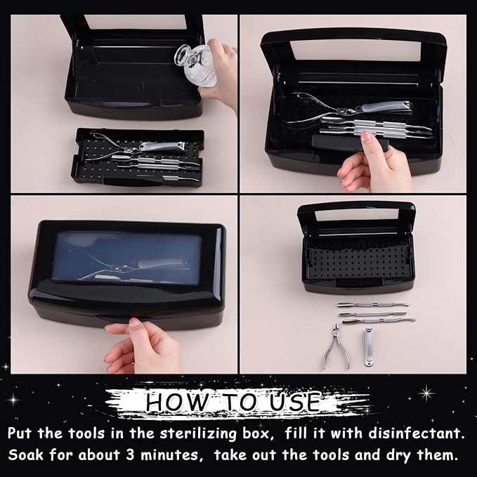 Nail Tool Sterilizer Box Plastic Disinfectant Container for Nail Art Accessories Tools, Hair Salons and Beauty Centers, Sterilizer Soaking Box with Strainer Pedicure Manicure Equipment, Black