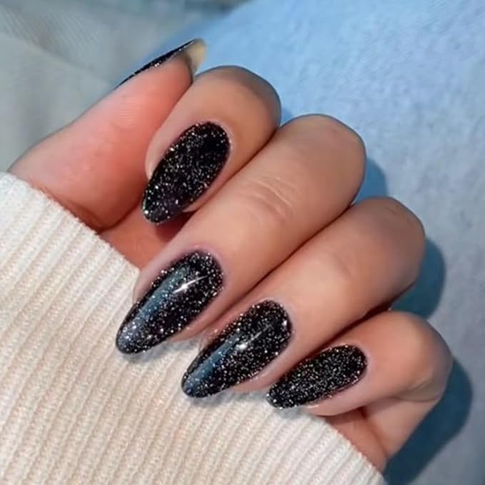 Modelones 32Pcs Sparkle Black Press on Nails Almond, Glitter Short Almond Fake Nails, Reusable Nail Kit with Nail Glue Adhesive Tabs Mini Nail File, Nails Press Ons 16 Sizes