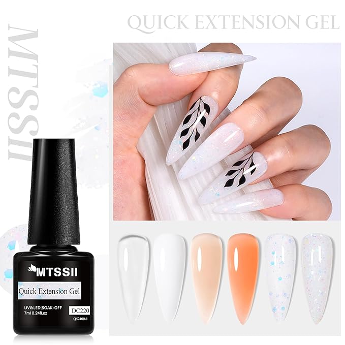 MTSSII Builder Nail Gel Kit: 6 Colors Thickening Builder Nail Gel Clear White Nude Glitter Nail Strengthener Soak Off UV Extension Gels with 100PCS Forms Brush Pen Manicure Tools Home Salon DIY