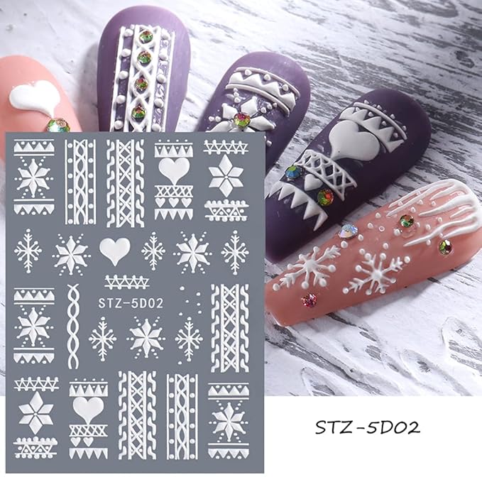 CHARMARK Snowflake Nail Art Stickers, 5D Embossed, Christmas, White, 4 Sheets (Snowflakes A)