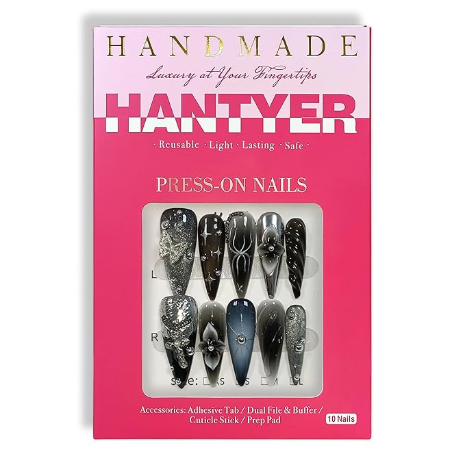 Black Grey Press on Nails with 3D Carving Flowers, Silver Butterflies & Cross Charms, Long Stiletto Glossy Edgy Fake Nails, Reusable Dark Feminine False Nails for Women Goth Party (Size M)