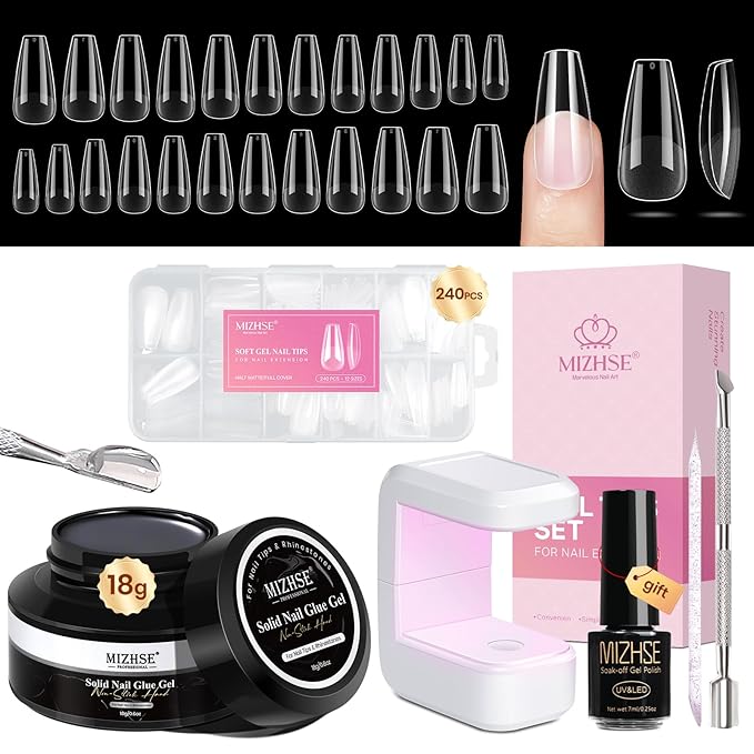 MIZHSE Gel Nail Kit Medium Coffin Gels Nail Tips, Solid Nails Glue Gel for Press On Nails with Portable U V Lamp 240Pcs 12 Sizes Half Matte Nail Tips Easy Nail Extension Set for Women